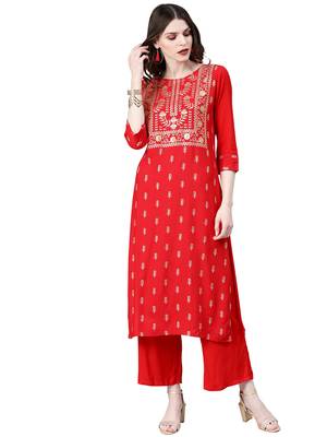 Women's Red Colour Khadi Print Straight Rayon Kurta 1
