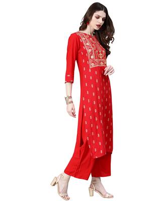 Women's Red Colour Khadi Print Straight Rayon Kurta 3