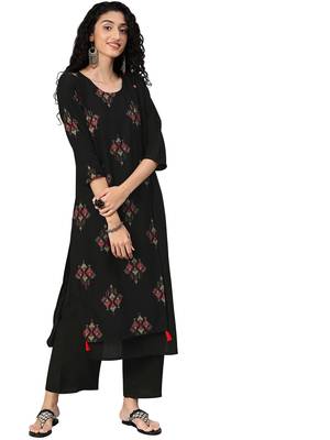 Women's Black Colour Khadi Print Straight Rayon Kurta 1