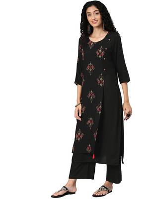 Women's Black Colour Khadi Print Straight Rayon Kurta 3