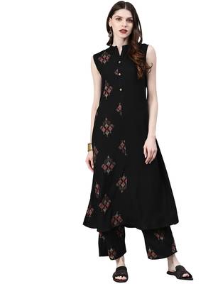 Women's Black Colour Khadi Print Flared Rayon Kurta 1