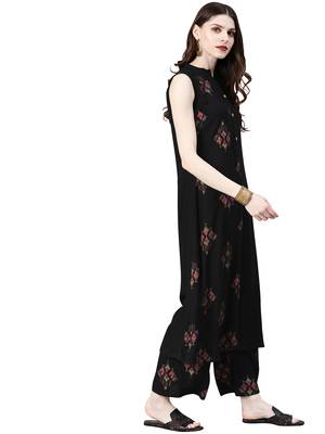 Women's Black Colour Khadi Print Flared Rayon Kurta 3