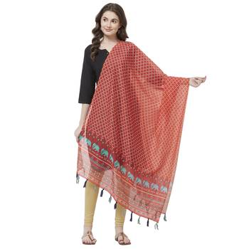 Red Colored Digital Print Soft Chanderi Dupatta with Tassels 1