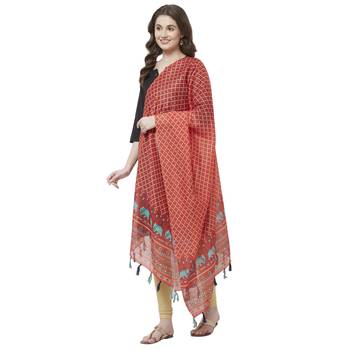 Red Colored Digital Print Soft Chanderi Dupatta with Tassels 2