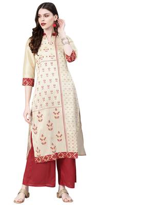 Women's Cream Colour Khadi Print Straight Polysilk Kurta 1