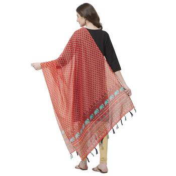 Red Colored Digital Print Soft Chanderi Dupatta with Tassels 3