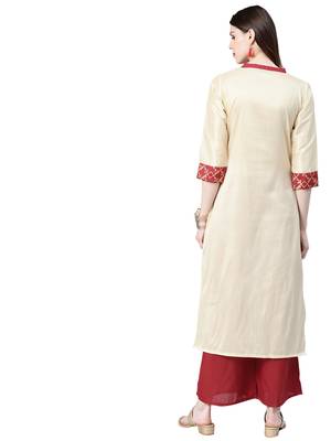 Women's Cream Colour Khadi Print Straight Polysilk Kurta 2
