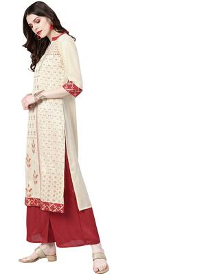 Women's Cream Colour Khadi Print Straight Polysilk Kurta 3