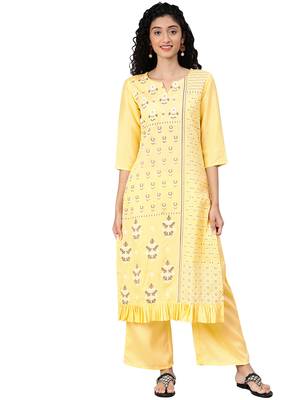 Women's Yellow Colour Khadi Print Straight Polysilk Kurta 1