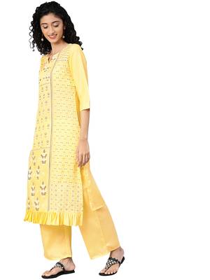Women's Yellow Colour Khadi Print Straight Polysilk Kurta 3