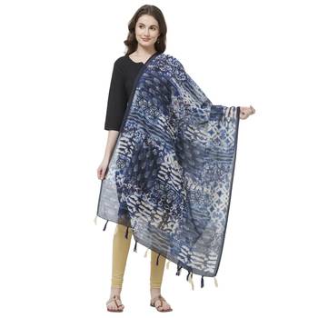 Blue Colored Digital Print Soft Chanderi Dupatta with Tassels 1