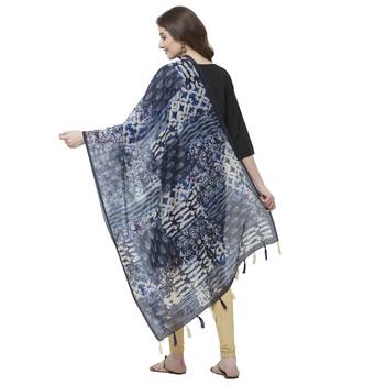 Blue Colored Digital Print Soft Chanderi Dupatta with Tassels 3