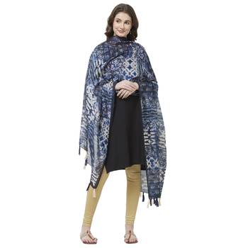 Blue Colored Digital Print Soft Chanderi Dupatta with Tassels 4