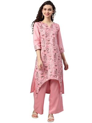 Women's Pink Colour Khadi Print Straight Polysilk Kurta 1