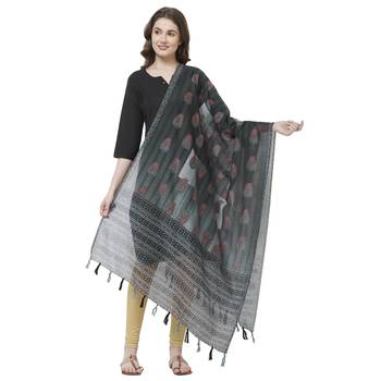 Black Colored Digital Print Soft Chanderi Dupatta with Tassels 1