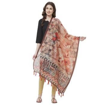 Rust Colored Digital Print Soft Chanderi Dupatta with Tassels 1