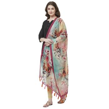 Multi Colored Digital Print Soft Chanderi Dupatta with Tassels 2