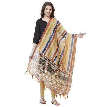 Yellow Colored Digital Print Soft Chanderi Dupatta with Tassels 1