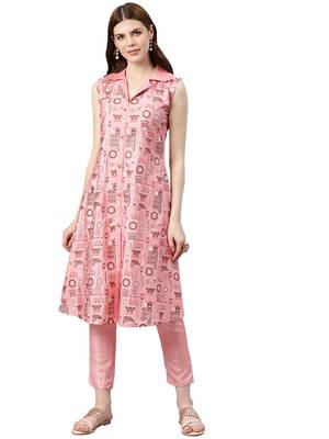 Women's Pink Colour Khadi Print Straight Polysilk Kurta 1