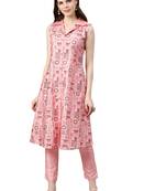 Women's Pink Colour Khadi Print Straight Polysilk Kurta