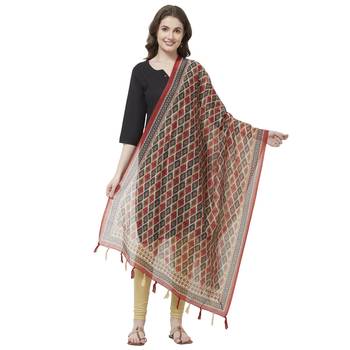 Maroon Colored Digital Print Soft Chanderi Dupatta with Tassels 1