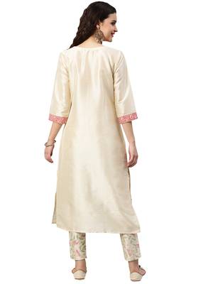 Women's Cream Colour Foli Print Straight Polysilk Kurta 2