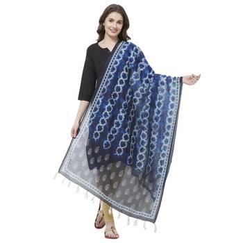 Navy Blue Colored Digital Print Soft Chanderi Dupatta with Tassels 1