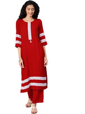 Women's Red Colour Solid Straight Rayon Kurta 1