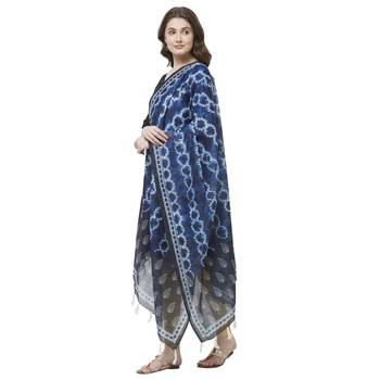 Navy Blue Colored Digital Print Soft Chanderi Dupatta with Tassels 2