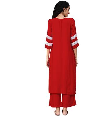Women's Red Colour Solid Straight Rayon Kurta 2