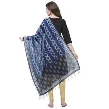 Navy Blue Colored Digital Print Soft Chanderi Dupatta with Tassels 3