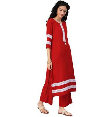 Women's Red Colour Solid Straight Rayon Kurta 3