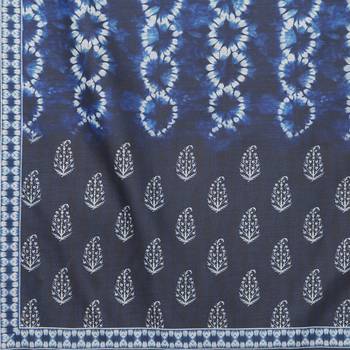 Navy Blue Colored Digital Print Soft Chanderi Dupatta with Tassels 5