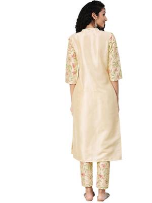 Women's Cream Colour Solid Straight Polysilk Kurta 2