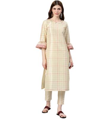 Women's Cream Colour Foil Print Straight Polysilk Kurta 1