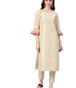 Women's Cream Colour Foil Print Straight Polysilk Kurta