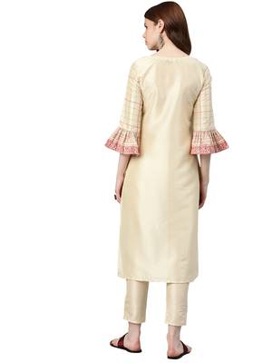Women's Cream Colour Foil Print Straight Polysilk Kurta 2