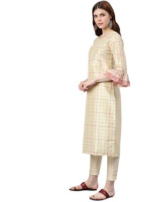 Women's Cream Colour Foil Print Straight Polysilk Kurta 3