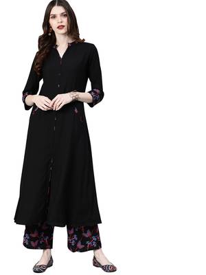 Women's Black Colour Foil Print Straight Rayon Kurta 3