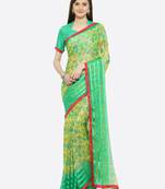 Yellow printed Silk blend saree with blouse