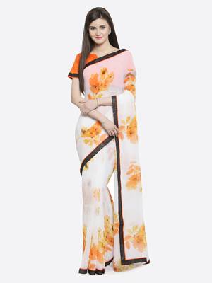 White printed georgette saree with blouse 1