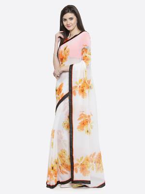 White printed georgette saree with blouse 3