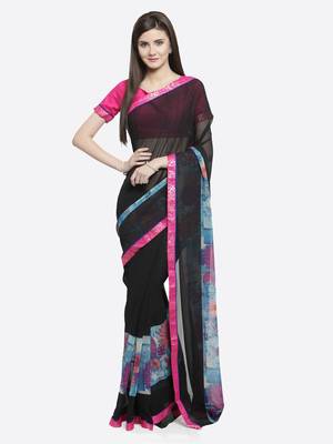 Black printed georgette saree with blouse 1