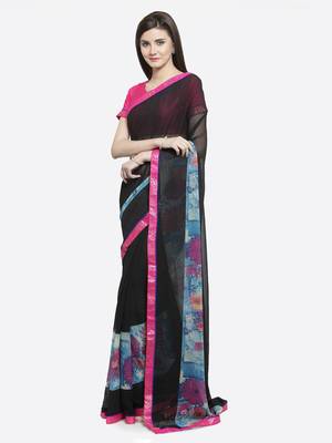 Black printed georgette saree with blouse 3