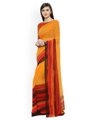 Orange printed georgette saree with blouse 3