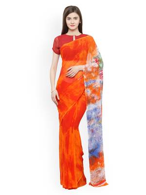 Orange printed georgette saree with blouse 1