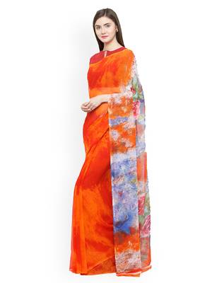 Orange printed georgette saree with blouse 3