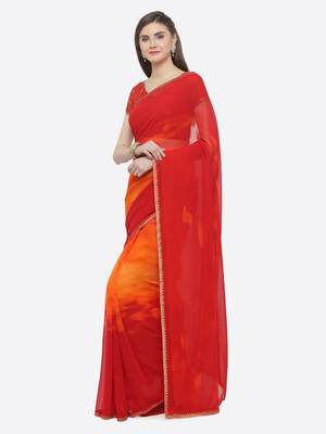 Red printed georgette saree with blouse 3