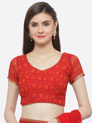 Red printed georgette saree with blouse 4