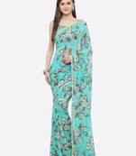 Turquoise printed georgette saree with blouse